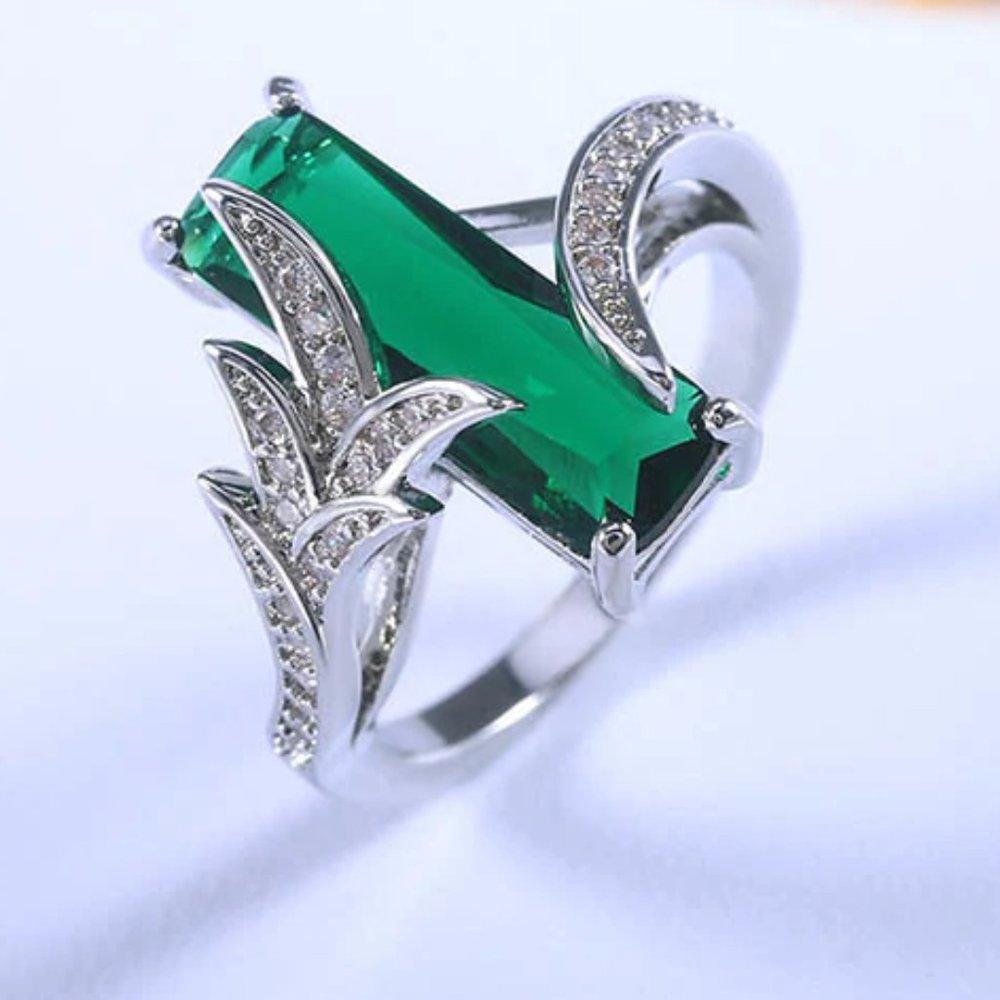 Platinum Plated Emerald Green CZ Ring